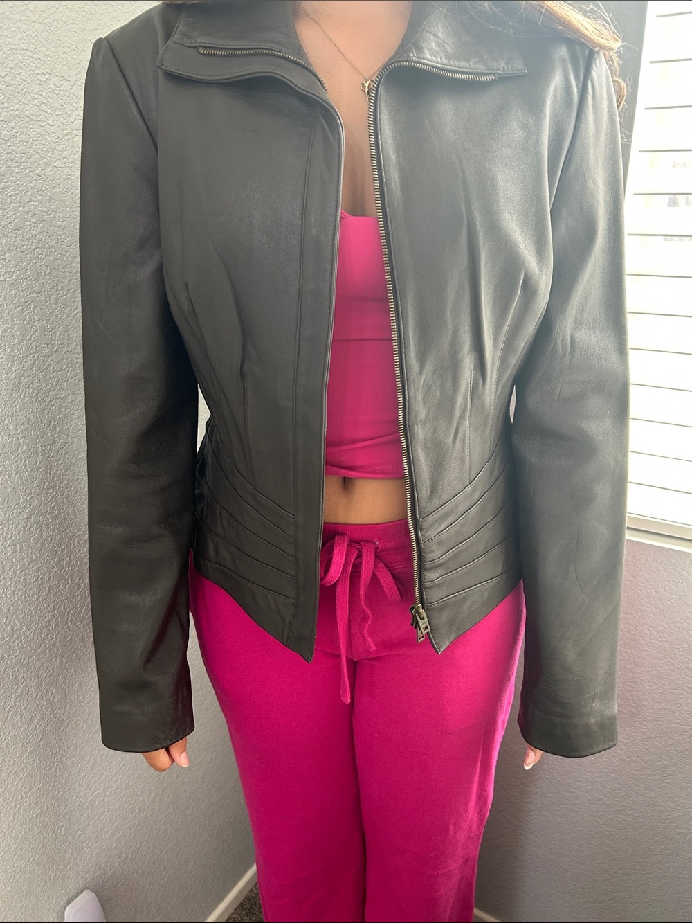 bebe Black Leather Zip-Front Jacket